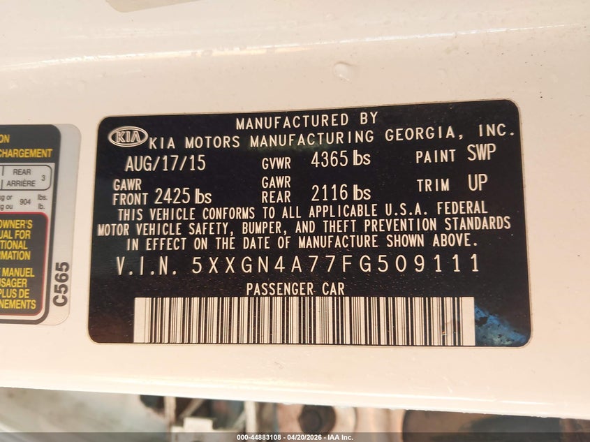 2015 Kia Optima VIN 5XXGN4A77FG509111 IAAI salvage auction — RIGHT SIDE, Salvage Title, sold $25 on 2026-07-21 (photo 9)