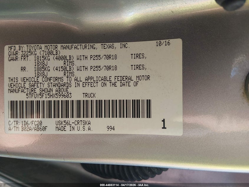 2017 Toyota Tundra VIN 5TFUY5F15HX599603 IAAI salvage auction — SIDE, Salvage (West Virginia), sold $7,600 on 2026-07-17 (photo 9)