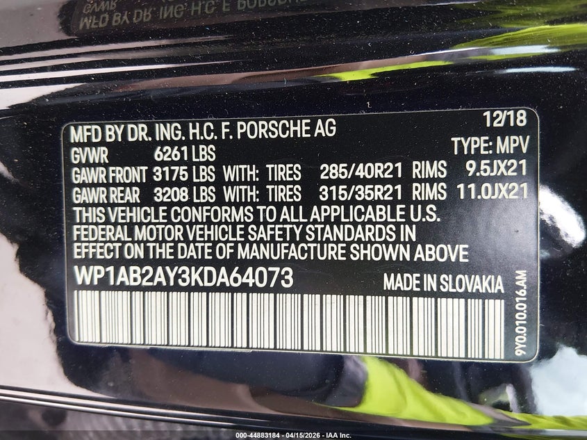 2019 Porsche Cayenne VIN WP1AB2AY3KDA64073 IAAI salvage auction — REAR END, Original (Texas), sold $18,900 on 2026-07-14 (photo 9)