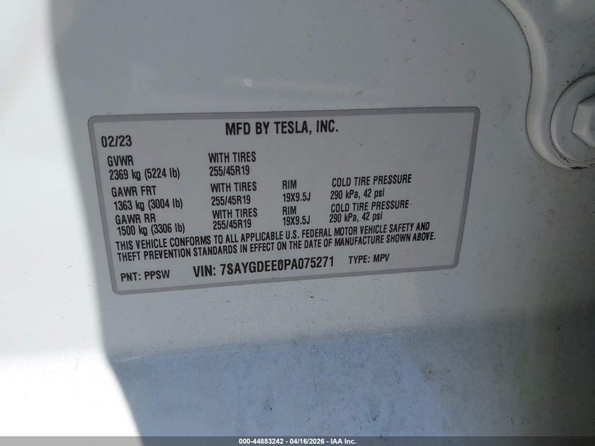 2023 Tesla Model y VIN 7SAYGDEE0PA075271 IAAI salvage auction — FRONT END, Salvage (Georgia), sold $13,900 on 2026-07-30 (photo 9)