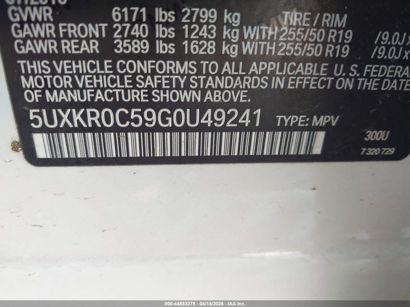 2016 BMW X5 VIN 5UXKR0C59G0U49241 IAAI salvage auction — FRONT END, Salvage (Massachusetts), sold $2,000 on 2026-07-10 (photo 9)