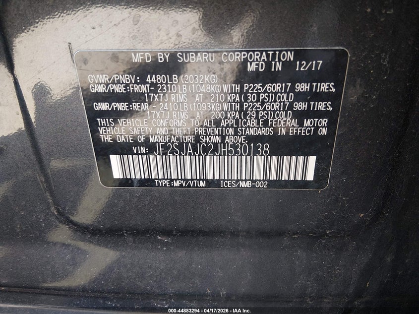 2018 Subaru Forester VIN JF2SJAJC2JH530138 IAAI salvage auction — FRONT END, Wait Title, sold $2,850 on 2026-07-14 (photo 9)