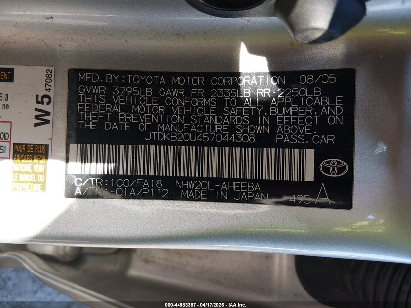 2005 Toyota Prius VIN JTDKB20U457044308 IAAI salvage auction — REAR END, Salvage (South Carolina), sold $325 on 2026-07-15 (photo 9)