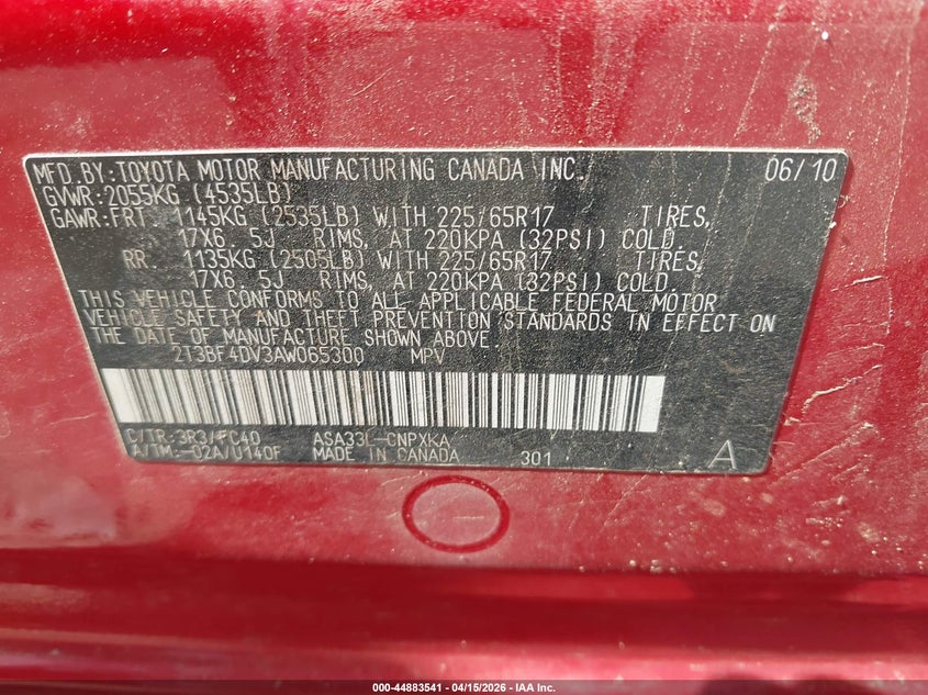 2010 Toyota Rav4 VIN 2T3BF4DV3AW065300 IAAI salvage auction — FRONT END, Clear (Virginia), sold $1,350 on 2026-07-18 (photo 9)