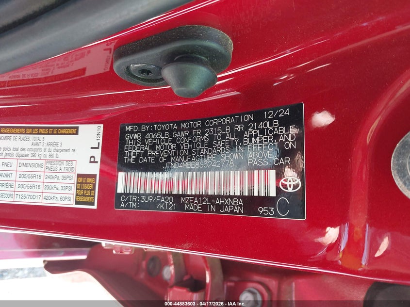2025 Toyota Corolla VIN JTND4MBE8S3242778 IAAI salvage auction — FRONT END, Wait Title, sold $5,800 on 2026-08-01 (photo 9)