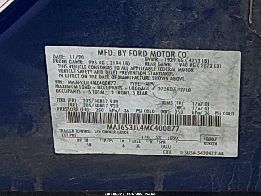 2021 Ford Ecosport VIN MAJ6S3JL4MC400877 IAAI salvage auction — FRONT END, Salvage (Missouri), sold $775 on 2026-07-08 (photo 9)