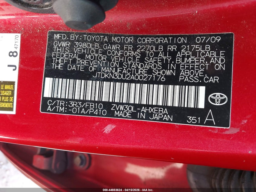 2010 Toyota Prius VIN JTDKN3DU2A0027176 IAAI salvage auction — REAR END, Salvage (California), sold $700 on 2026-07-16 (photo 9)