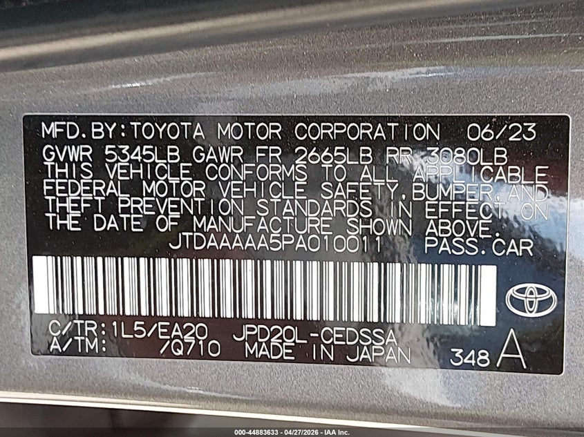 2023 Toyota Mirai VIN JTDAAAAA5PA010011 IAAI salvage auction — FRONT END, Salvage Title, sold $2,300 on 2026-07-29 (photo 9)