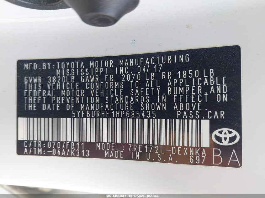 2017 Toyota Corolla VIN 5YFBURHE1HP685435 IAAI salvage auction — RIGHT FRONT, Salvage Title, sold $2,650 on 2026-07-14 (photo 9)
