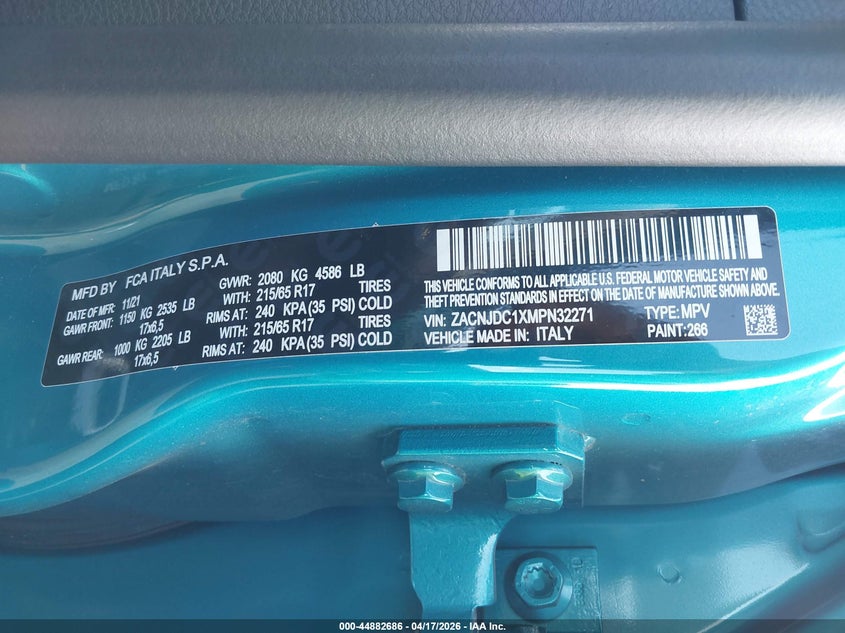 2021 Jeep Renegade VIN ZACNJDC1XMPN32271 IAAI salvage auction — RIGHT FRONT, Salvage Title, sold $525 on 2026-07-21 (photo 9)