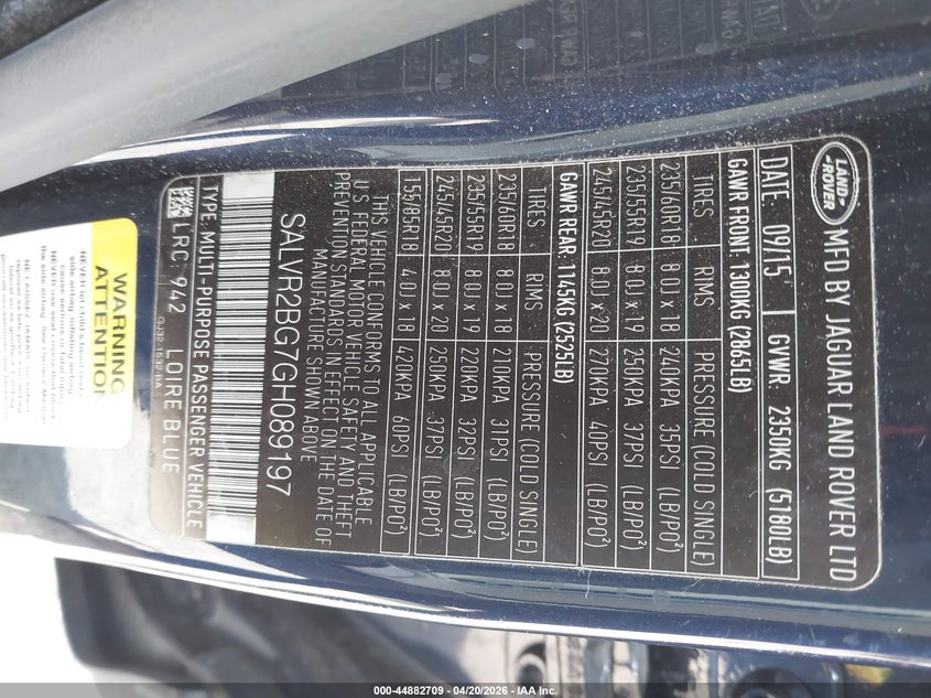 2016 Land rover Range rover evoque VIN SALVR2BG7GH089197 IAAI salvage auction — WATER/FLOOD, Salvage - Greater Than 75% (Maryland), sold $1,300 on 2026-07-15 (photo 9)