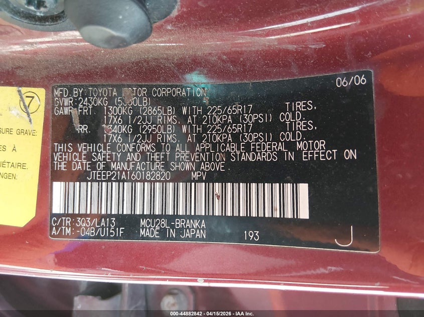 2006 Toyota Highlander VIN JTEEP21A160182820 IAAI salvage auction — MECHANICAL, Salvage (Texas), sold $925 on 2026-07-17 (photo 9)