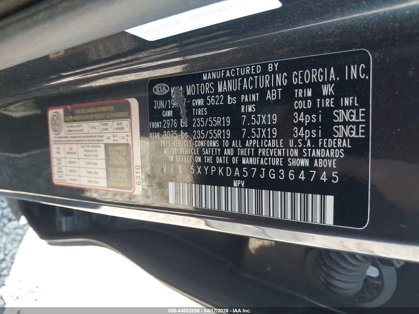 2018 Kia Sorento VIN 5XYPKDA57JG364745 IAAI salvage auction — FRONT END, Clear (South Carolina), sold $2,900 on 2026-07-07 (photo 9)