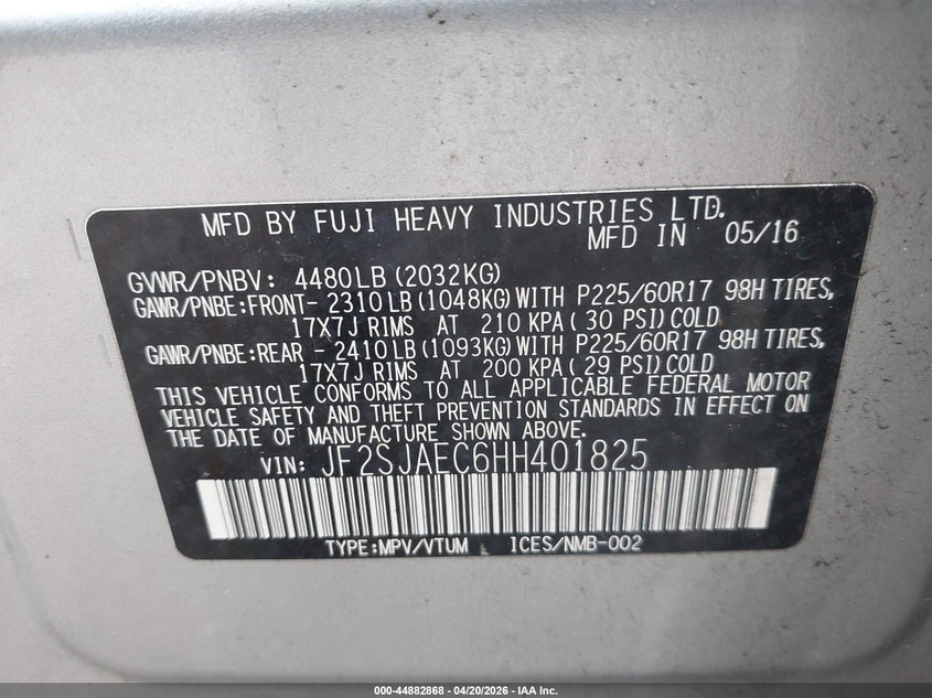 2017 Subaru Forester VIN JF2SJAEC6HH401825 IAAI salvage auction — FRONT END, Salvage - Greater Than 75% (Maryland), sold $750 on 2026-07-30 (photo 9)