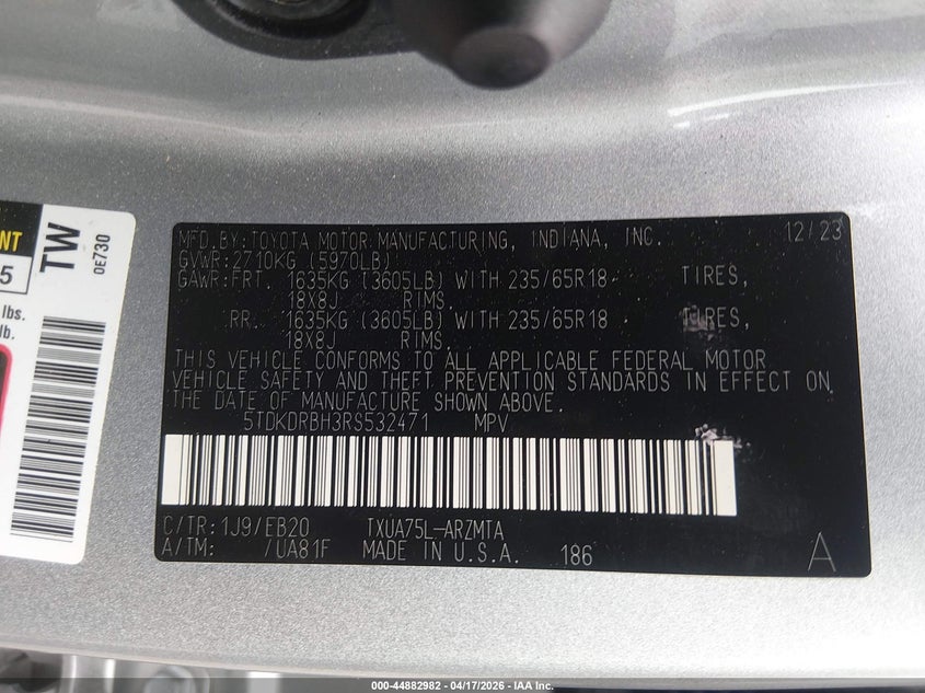2024 Toyota Highlander VIN 5TDKDRBH3RS532471 IAAI salvage auction — LEFT REAR, Salvage Title, sold $18,200 on 2026-07-29 (photo 9)