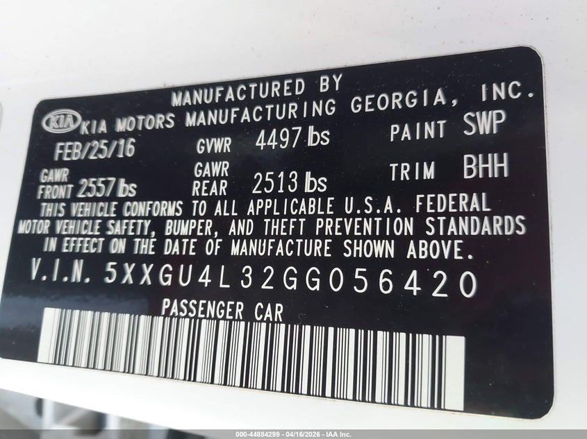 2016 Kia Optima VIN 5XXGU4L32GG056420 IAAI salvage auction — FRONT & REAR, Wait Title, sold $750 on 2026-07-08 (photo 9)