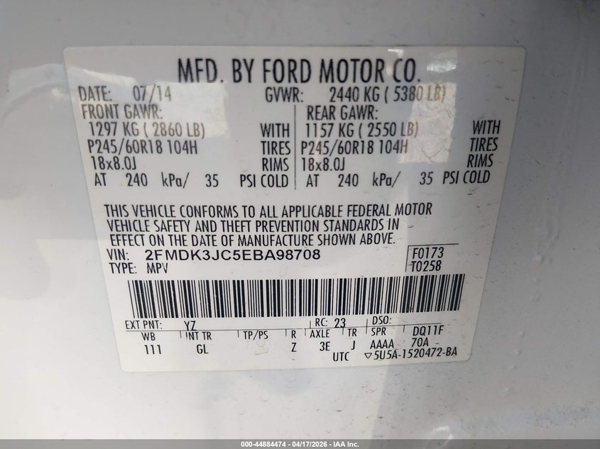 2014 Ford Edge VIN 2FMDK3JC5EBA98708 IAAI salvage auction — REAR END, Salvage (Arkansas), sold $350 on 2026-07-24 (photo 9)