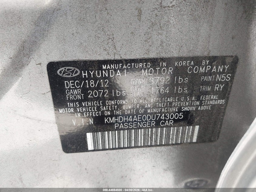 2013 Hyundai Elantra VIN KMHDH4AE0DU743005 IAAI salvage auction — LEFT FRONT, Salvage (California), sold $700 on 2026-07-13 (photo 9)
