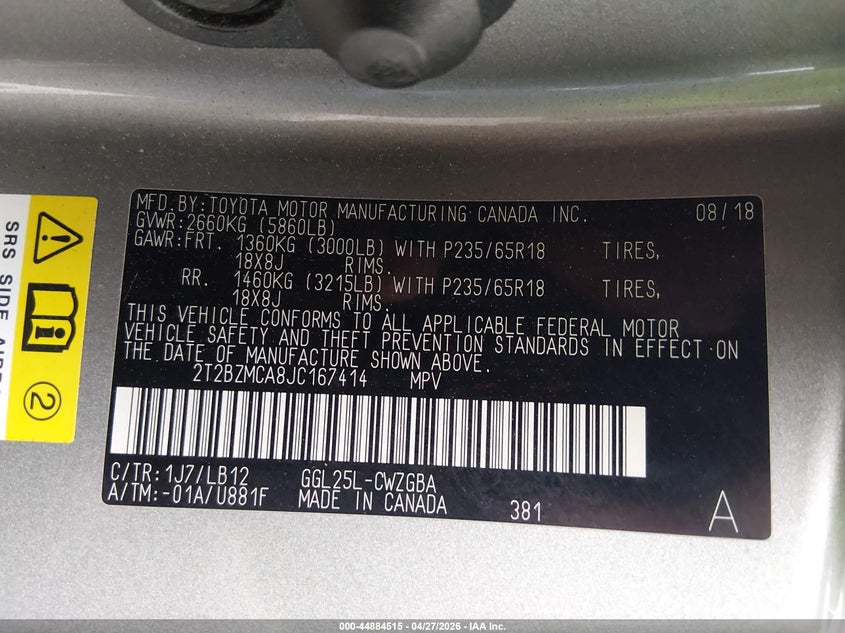 2018 Lexus Rx VIN 2T2BZMCA8JC167414 IAAI salvage auction — FRONT & REAR, Salvage (South Carolina), sold $9,500 on 2026-07-29 (photo 9)
