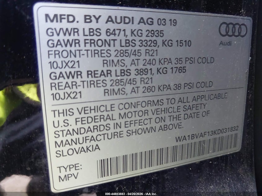 2019 Audi Q8 VIN WA1BVAF13KD031832 IAAI salvage auction — LEFT REAR, Salvage - Greater Than 75% (Maryland), sold $13,900 on 2026-07-15 (photo 9)