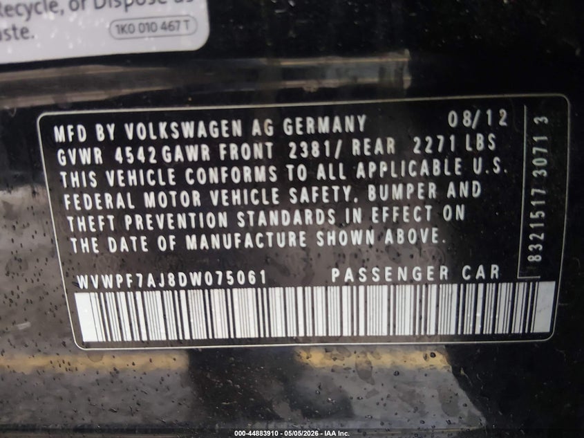 2013 Volkswagen Golf r VIN WVWPF7AJ8DW075061 IAAI salvage auction — REAR END, Salvage (Colorado), sold $3,650 on 2026-08-11 (photo 9)