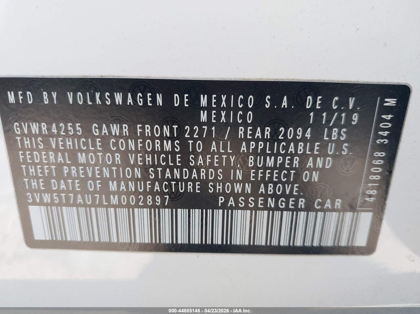 2020 Volkswagen Golf gti VIN 3VW5T7AU7LM002897 IAAI salvage auction — SIDE, Mv-907A (New York), sold $5,600 on 2026-07-29 (photo 9)
