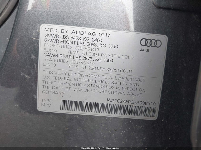 2017 Audi Q5 VIN WA1C2AFP6HA098310 IAAI salvage auction — SIDE, Salvage Title, sold $1,750 on 2026-07-12 (photo 9)