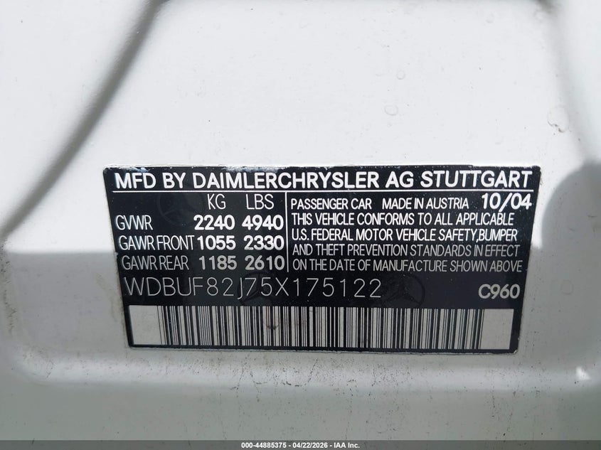 2005 Mercedes-benz E-class VIN WDBUF82J75X175122 IAAI salvage auction — SIDE, Rebuildable (Florida), sold $525 on 2026-07-23 (photo 9)