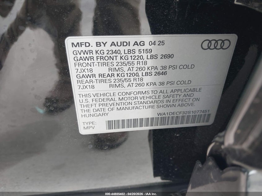 2025 Audi Q3 VIN WA1DECF32S1077451 IAAI salvage auction — RIGHT SIDE, Original (Texas), sold $13,875 on 2026-07-10 (photo 9)