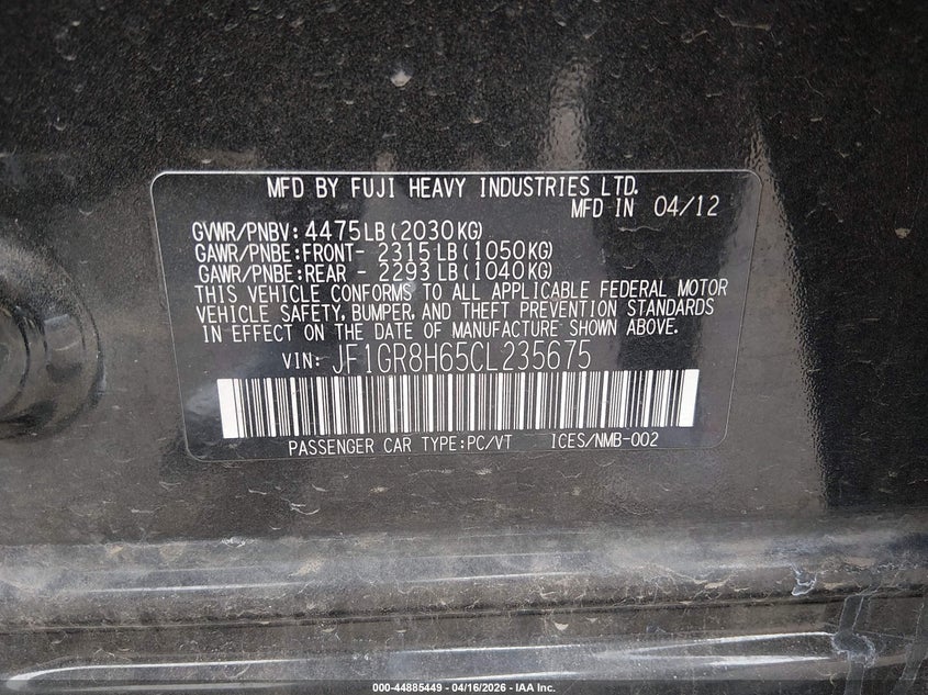 2012 Subaru Impreza wrx sti VIN JF1GR8H65CL235675 IAAI salvage auction — LEFT SIDE, Salvage (Colorado), sold $5,100 on 2026-08-02 (photo 9)