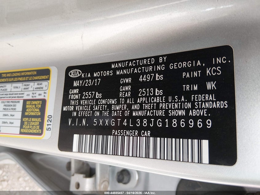 2018 Kia Optima VIN 5XXGT4L38JG186969 IAAI salvage auction — SUSPENSION, Wait Title, sold $375 on 2026-07-29 (photo 9)