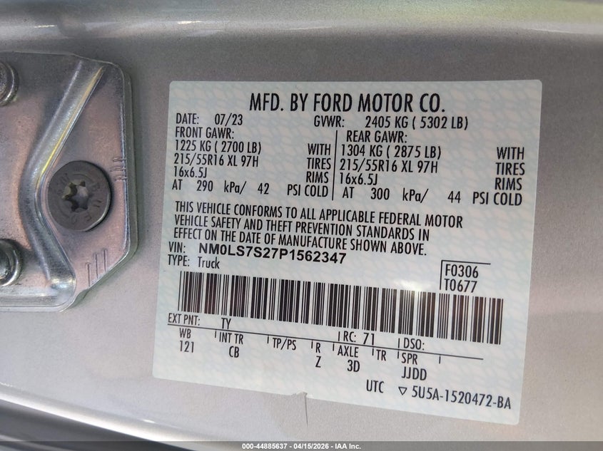 2023 Ford Transit VIN NM0LS7S27P1562347 IAAI salvage auction — FRONT END, Wait Title, sold $5,450 on 2026-07-15 (photo 9)