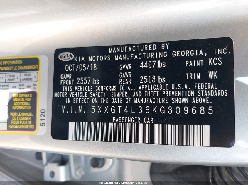 2019 Kia Optima VIN 5XXGT4L36KG309685 IAAI salvage auction — REAR END, Salvage Title, sold $2,850 on 2026-07-11 (photo 9)