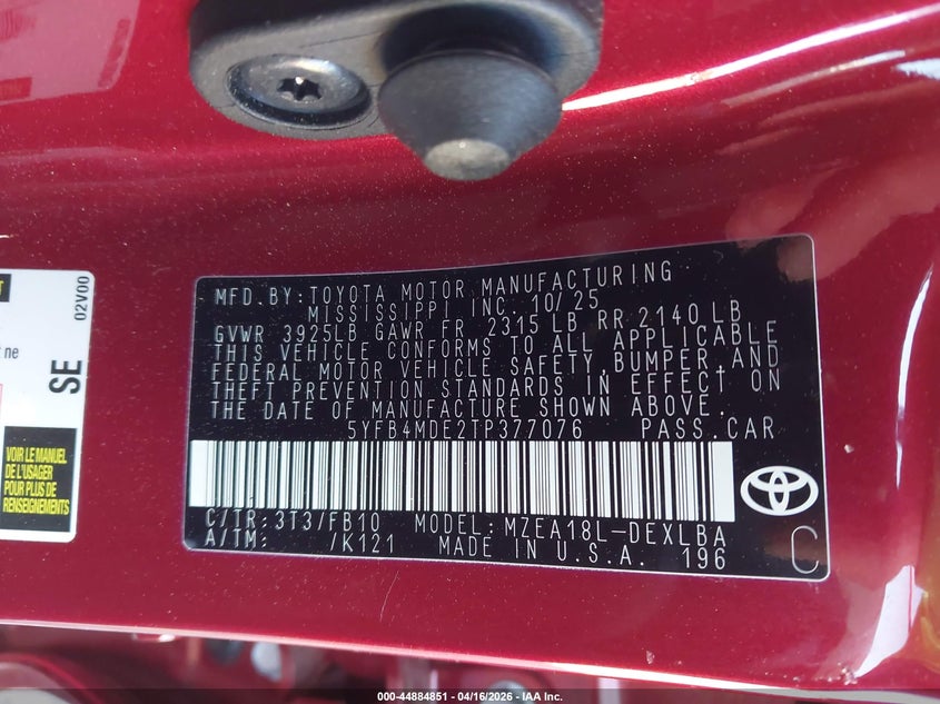 2026 Toyota Corolla VIN 5YFB4MDE2TP377076 IAAI salvage auction — ROLLOVER, Wait Title, sold $1,750 on 2026-07-09 (photo 9)