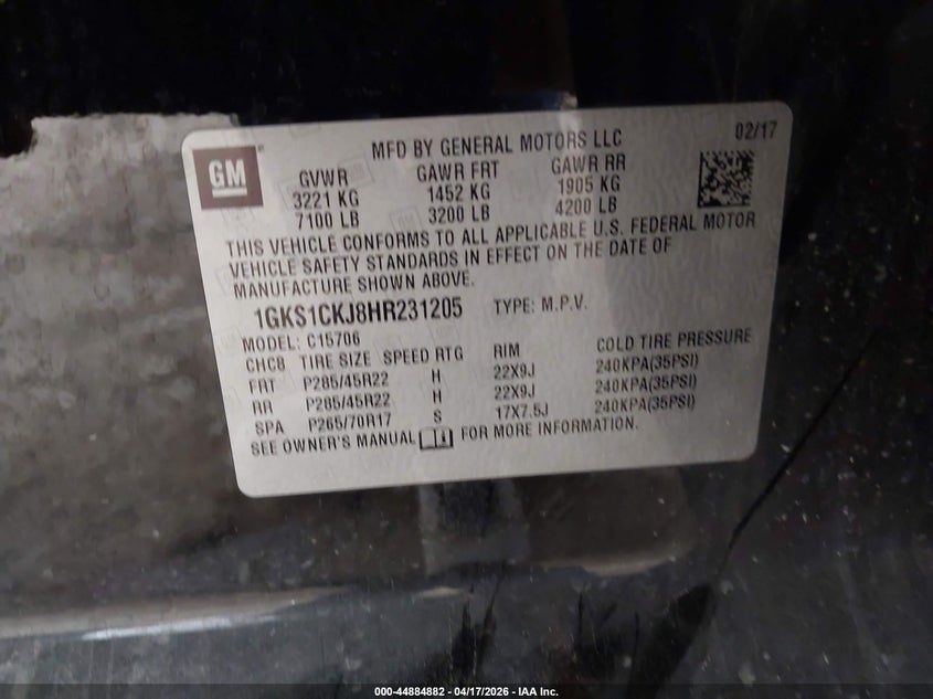 2017 Gmc Yukon VIN 1GKS1CKJ8HR231205 IAAI salvage auction — FRONT END, Original (Texas), sold $9,100 on 2026-07-28 (photo 9)