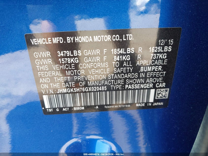2016 Honda Fit VIN JHMGK5H76GX020485 IAAI salvage auction — LEFT REAR, Salvage (New Hampshire), sold $2,400 on 2026-07-08 (photo 9)
