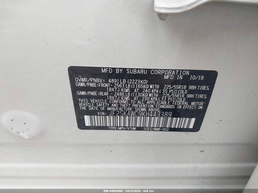 2019 Subaru Forester VIN JF2SKAWC9KH443389 IAAI salvage auction — FRONT END, Salvage (Missouri), sold $6,175 on 2026-07-16 (photo 9)