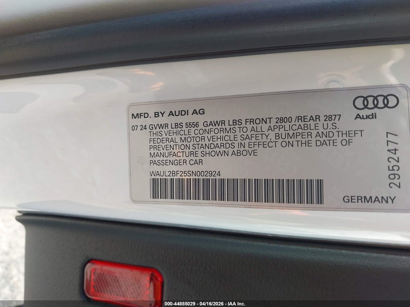 2025 Audi A6 VIN WAUL2BF25SN002924 IAAI salvage auction — FRONT END, Wait Title, sold $10,700 on 2026-07-14 (photo 9)