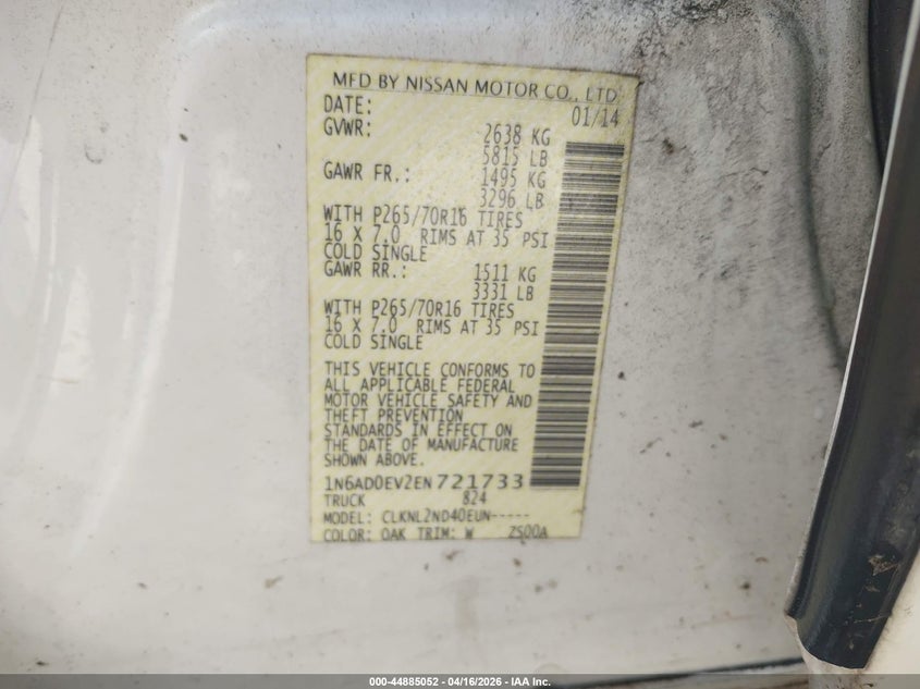 2014 Nissan Navara (frontier) VIN 1N6AD0EV2EN721733 IAAI salvage auction — FRONT END, Wait Title, sold $2,350 on 2026-07-11 (photo 9)