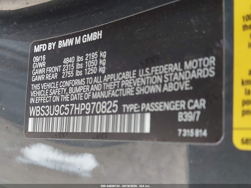 2017 BMW M4 VIN WBS3U9C57HP970825 IAAI salvage auction — FRONT END, Original (Texas), sold $9,800 on 2026-07-14 (photo 9)