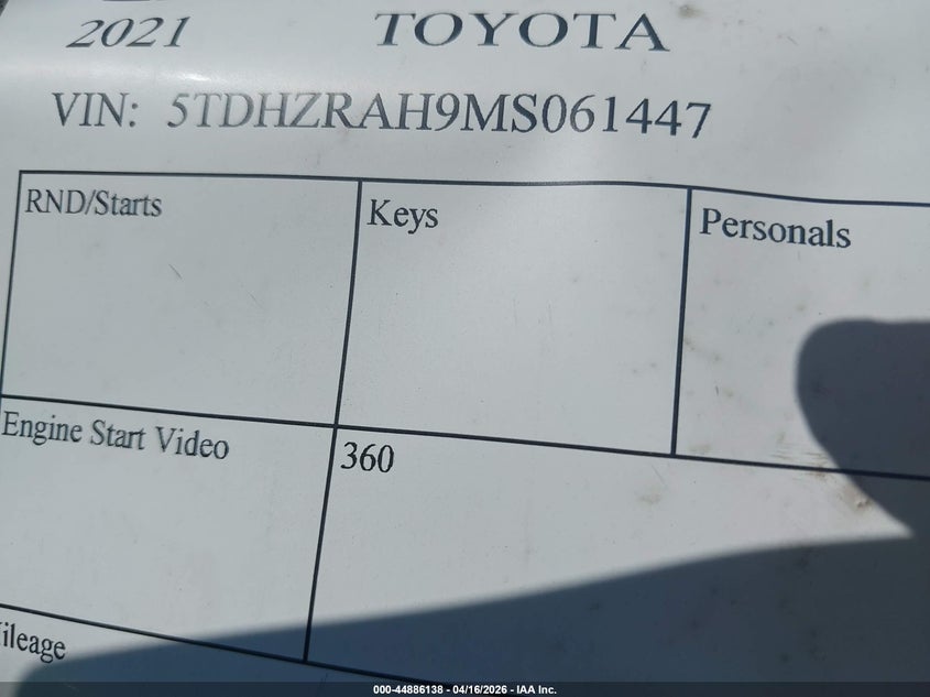 2021 Toyota Highlander VIN 5TDHZRAH9MS061447 IAAI salvage auction — TOTAL BURN, Junk Receipt (North Carolina), sold $250 on 2026-07-06 (photo 9)