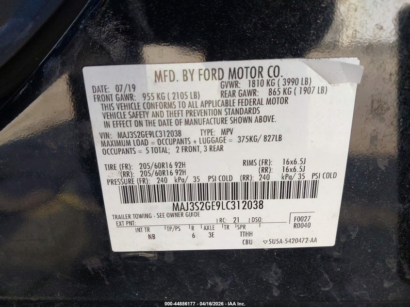 2020 Ford Ecosport VIN MAJ3S2GE9LC312038 IAAI salvage auction — REAR END, Salvage (Georgia), sold $700 on 2026-07-29 (photo 9)