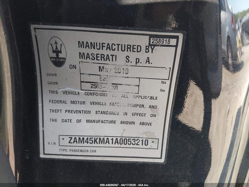 2010 Maserati Granturismo VIN ZAM45KMA1A0053210 IAAI salvage auction — SIDE, Salvage (Georgia), sold $8,600 on 2026-08-06 (photo 9)