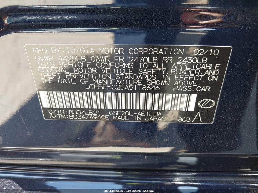 2010 Lexus Is VIN JTHBF5C25A5118646 IAAI salvage auction — FRONT END, Salvage (California), sold $900 on 2026-07-15 (photo 9)