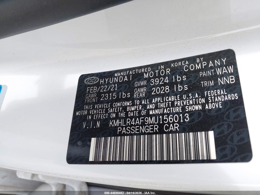 2021 Hyundai Elantra VIN KMHLR4AF9MU156013 IAAI salvage auction — BIO HAZARD, Wait Title, sold $3,850 on 2026-07-15 (photo 9)