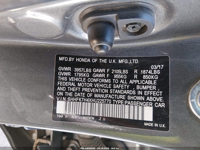 2017 Honda Civic VIN SHHFK7H4XHU225770 IAAI salvage auction — FRONT END, Wait Title, sold $3,000 on 2026-07-29 (photo 9)