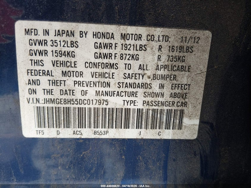 2013 Honda Fit VIN JHMGE8H55DC017975 IAAI salvage auction — REAR END, Salvage (Connecticut), sold $1,000 on 2026-07-16 (photo 9)