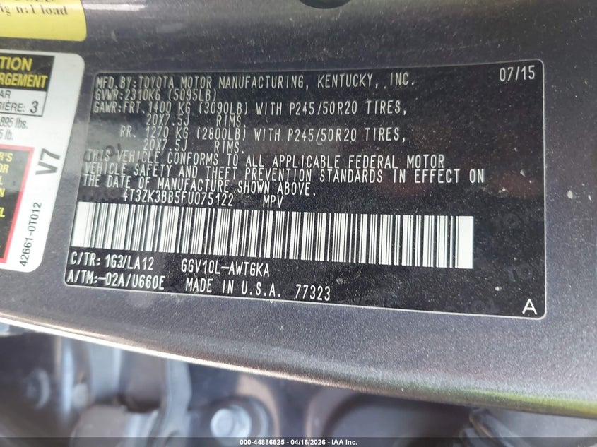2015 Toyota Venza VIN 4T3ZK3BB5FU075122 IAAI salvage auction — LEFT SIDE, Original (Texas), sold $3,150 on 2026-07-09 (photo 9)