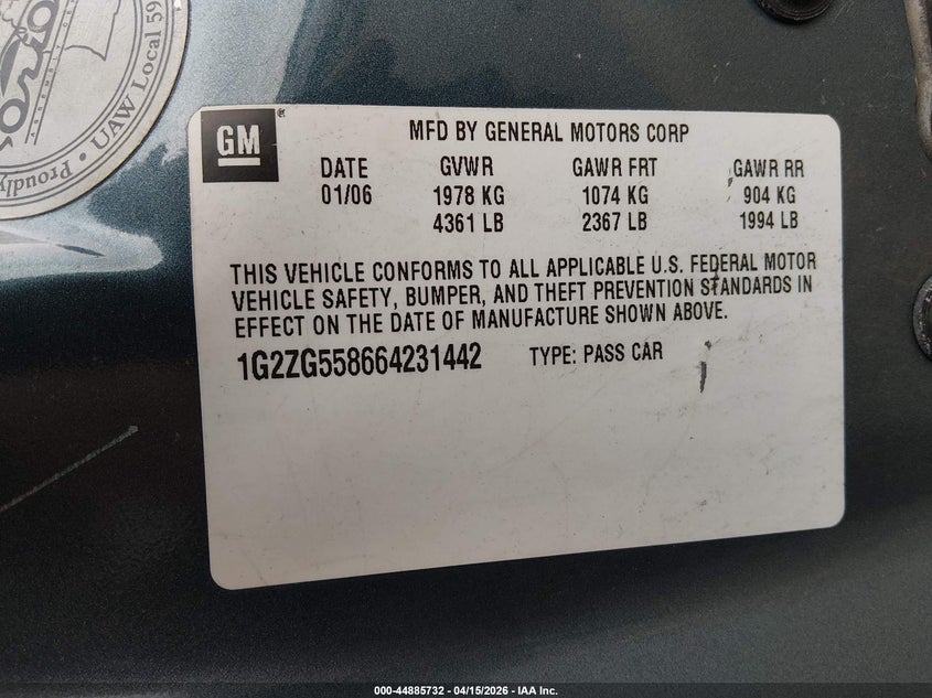 2006 Pontiac G6 VIN 1G2ZG558664231442 IAAI salvage auction — FRONT END, Salvage (Utah), sold $275 on 2026-07-23 (photo 9)