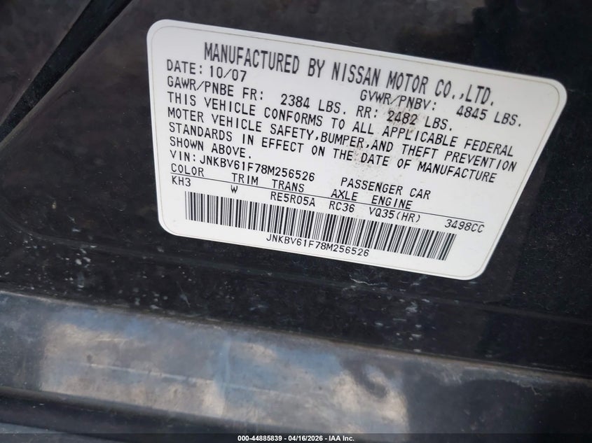 2008 Infiniti G VIN JNKBV61F78M256526 IAAI salvage auction — FRONT & REAR, Salvage (Idaho), sold $25 on 2026-07-22 (photo 9)